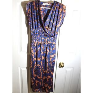 Tbags Los Angeles Blue & Tan Satin Abstract Print Dress sz S